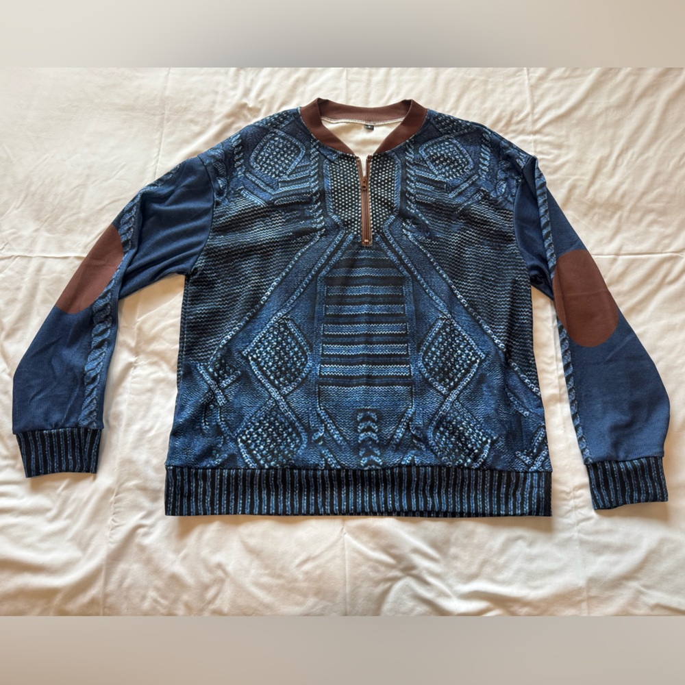 Men’s Blue Quarter Zip Ribbed Top w/ Elbow Patches – Size M – NEW Without Tags